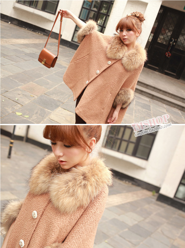 2011秋冬主推:高貴皮草毛領圈圈毛呢斗篷大衣外套